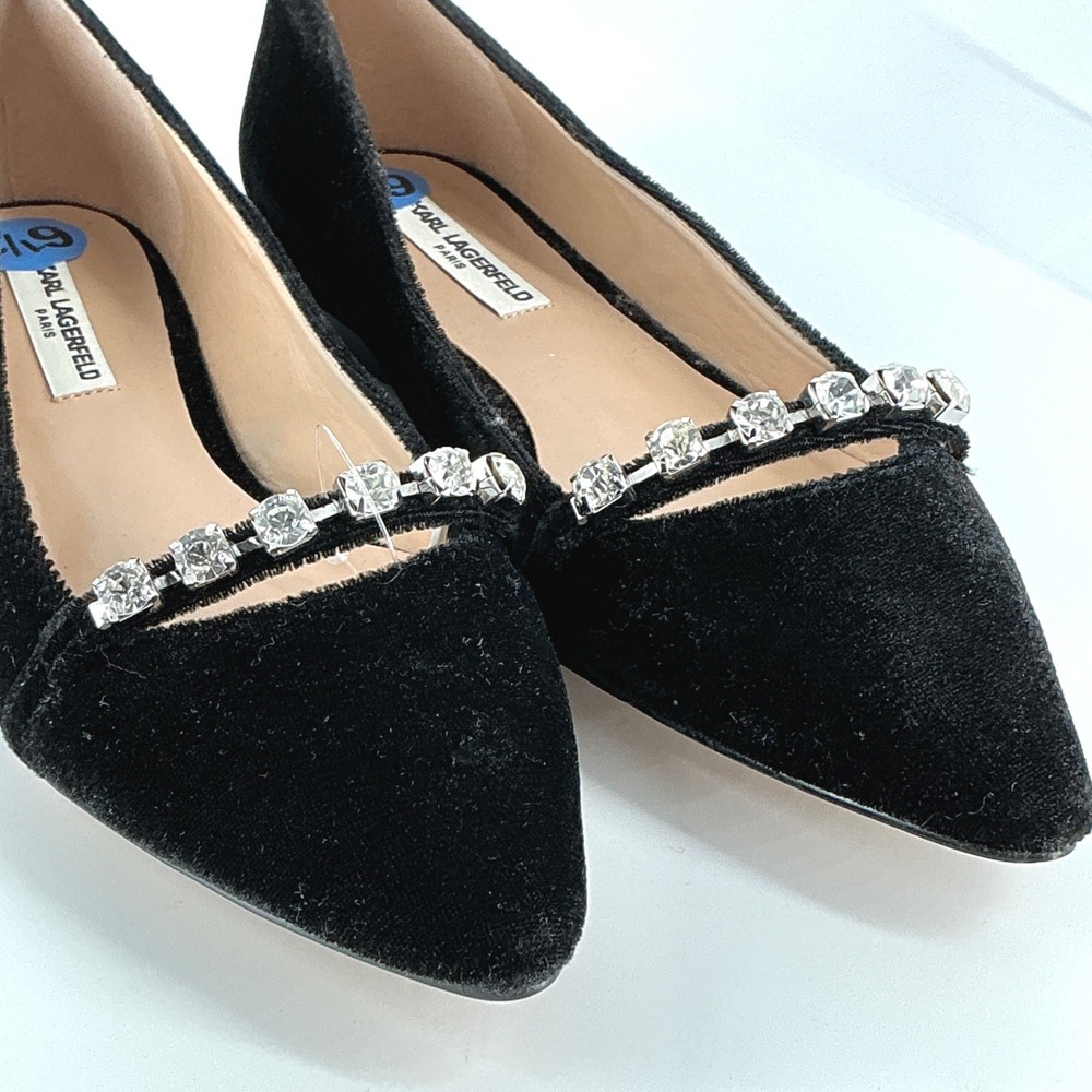 Karl Lagerfeld Size 6.5 Black Velvet Rhinestone Pointed Toe Flats NEW Colette 2